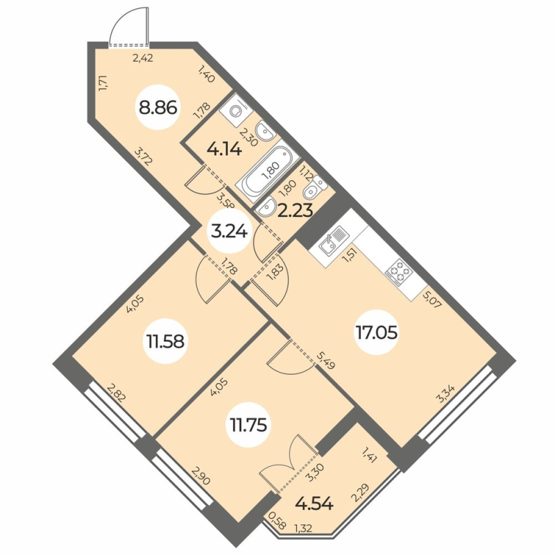 3-комнатная (Евро) квартира, 61.12 м² в ЖК "Огни Залива" - планировка, фото №1