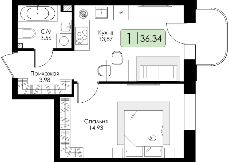 1-комнатная квартира, 36.34 м² в ЖК "Всевгород" - планировка, фото №1