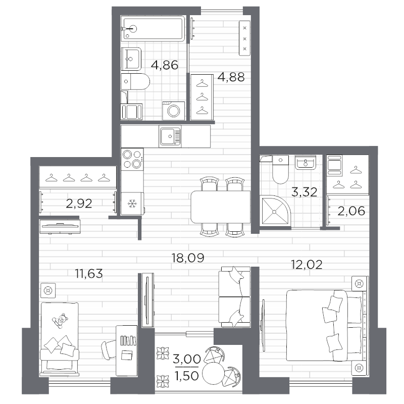 3-комнатная (Евро) квартира, 61.28 м² в ЖК "Сезоны" - планировка, фото №1