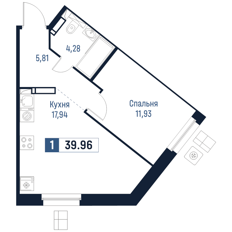 2-комнатная (Евро) квартира, 39.96 м² в ЖК "Максималист" - планировка, фото №1