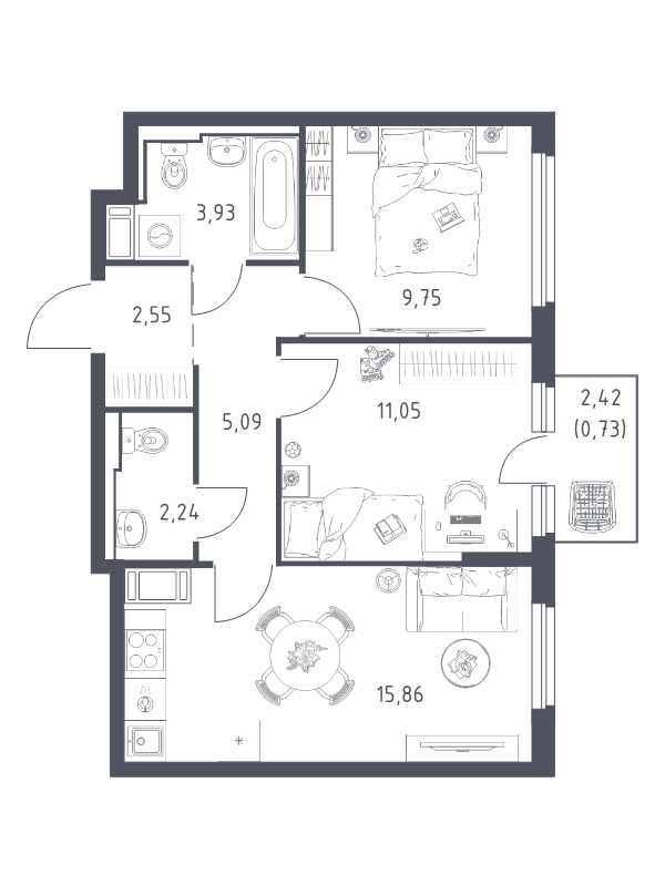 3-комнатная (Евро) квартира, 51.2 м² в ЖК "Новое Колпино" - планировка, фото №1