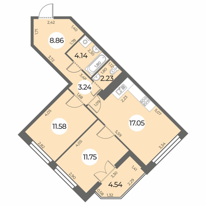 3-комнатная (Евро) квартира, 61.12 м² в ЖК "Огни Залива" - планировка, фото №1