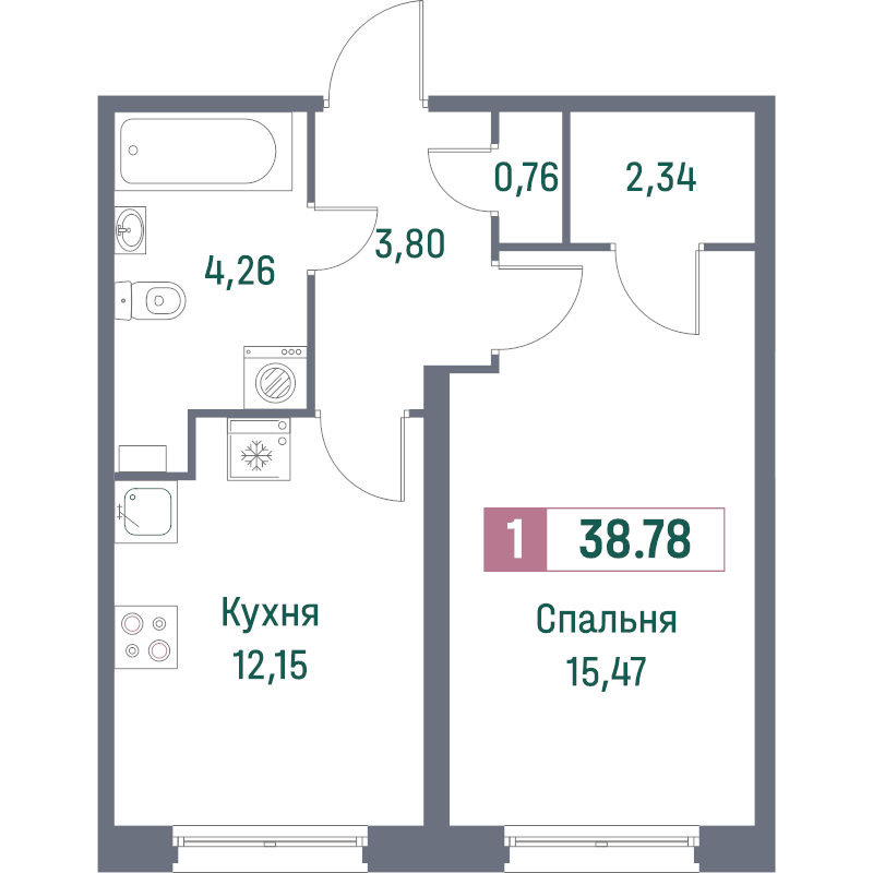 1-комнатная квартира, 38.78 м² - планировка, фото №1