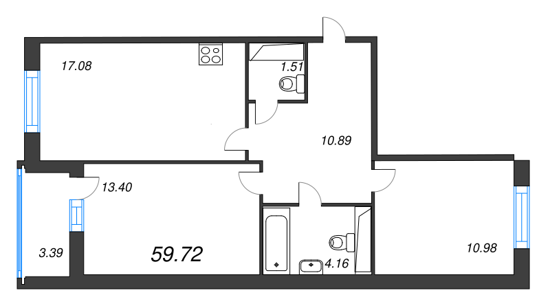 3-комнатная (Евро) квартира, 59.72 м² в ЖК "Энфилд" - планировка, фото №1