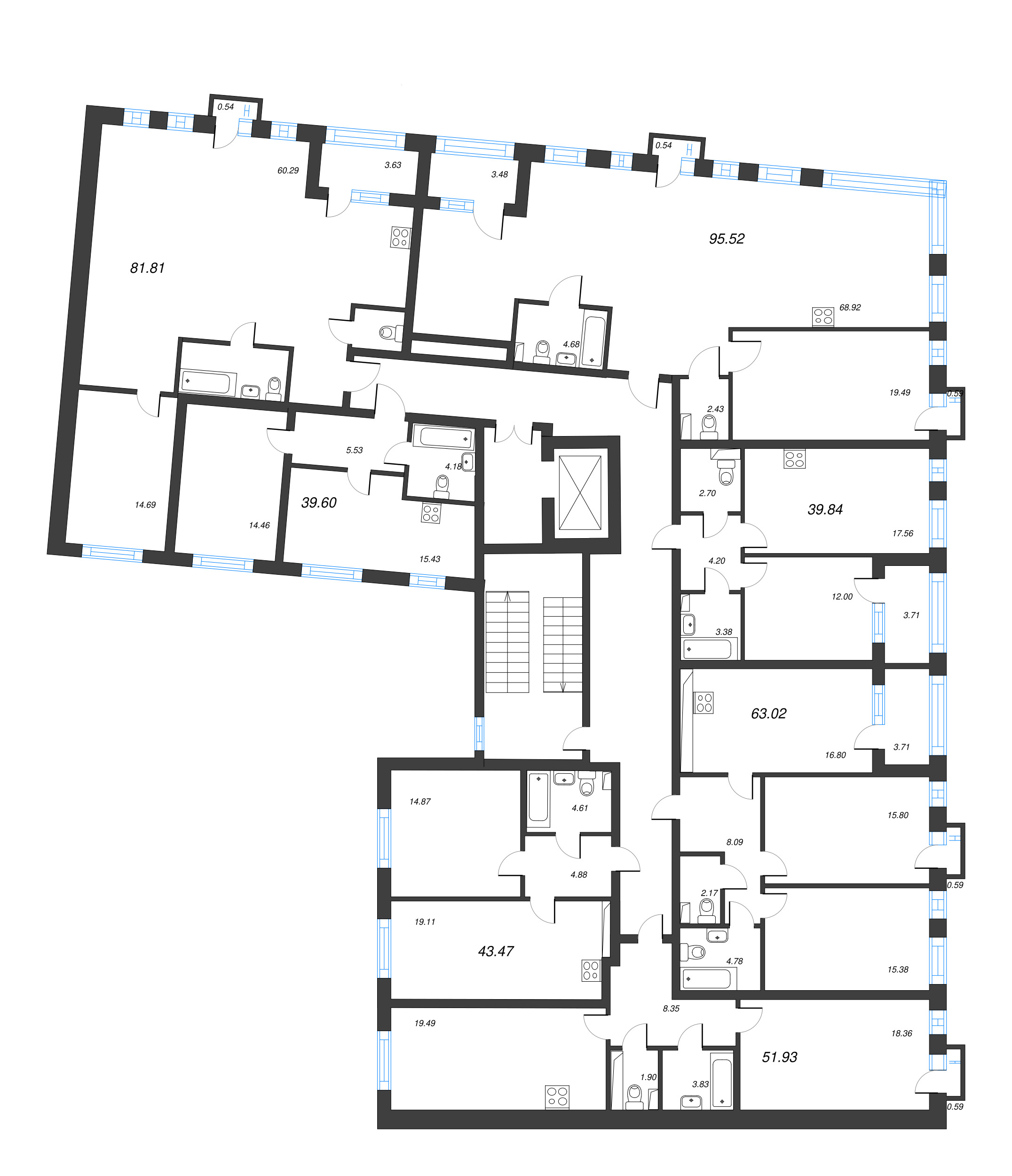 2-комнатная (Евро) квартира, 43.47 м² - планировка этажа