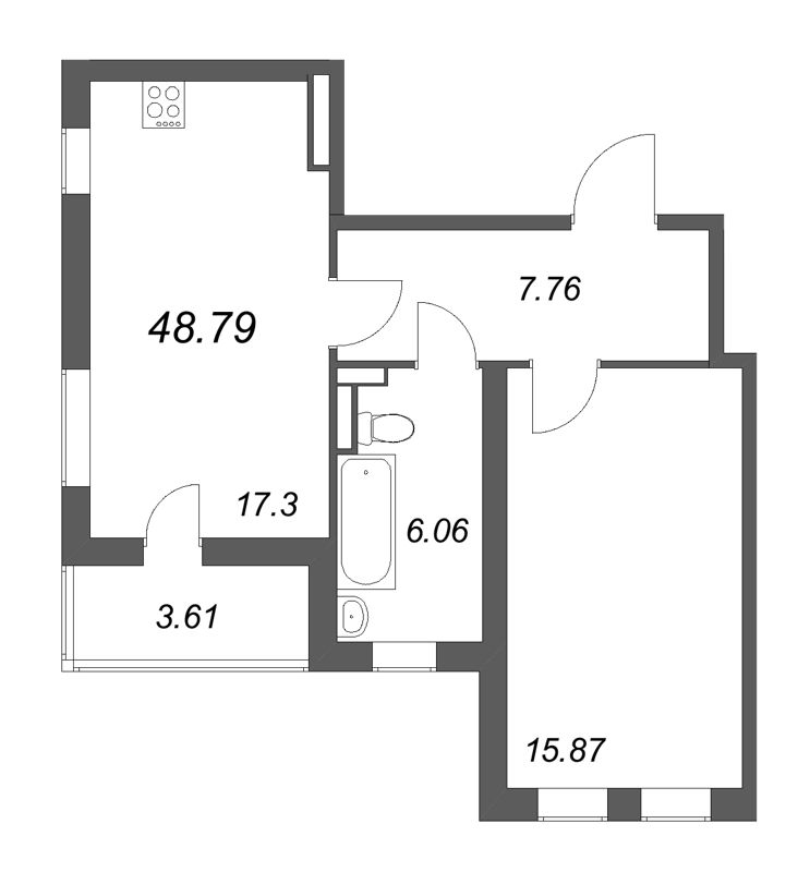 2-комнатная (Евро) квартира, 48.79 м² в ЖК "Новая история" - планировка, фото №1