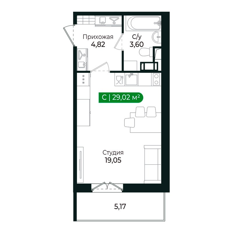 Квартира-студия, 27.2 м² в ЖК "Сертолово Парк" - планировка, фото №1