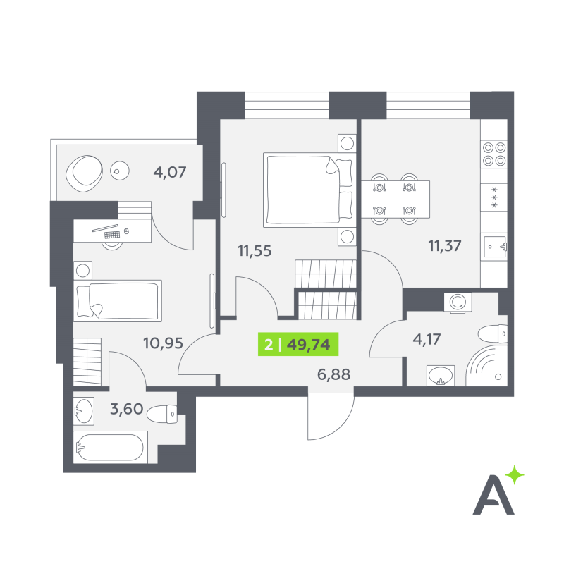 2-комнатная квартира, 49.74 м² в ЖК "Аквилон РекаПарк" - планировка, фото №1