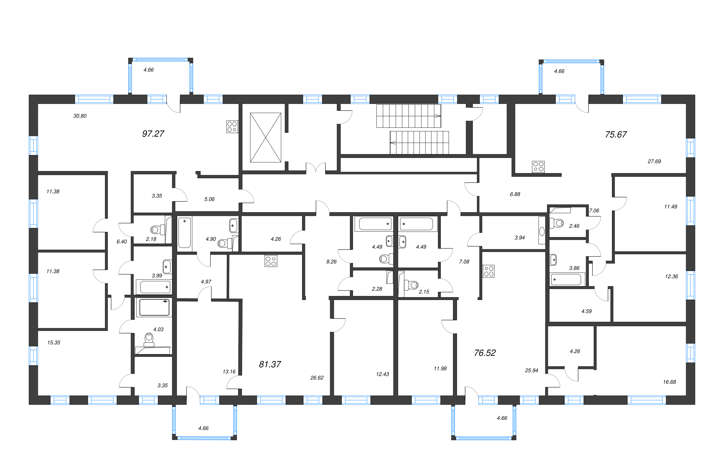 3-комнатная (Евро) квартира, 75.67 м² - планировка этажа