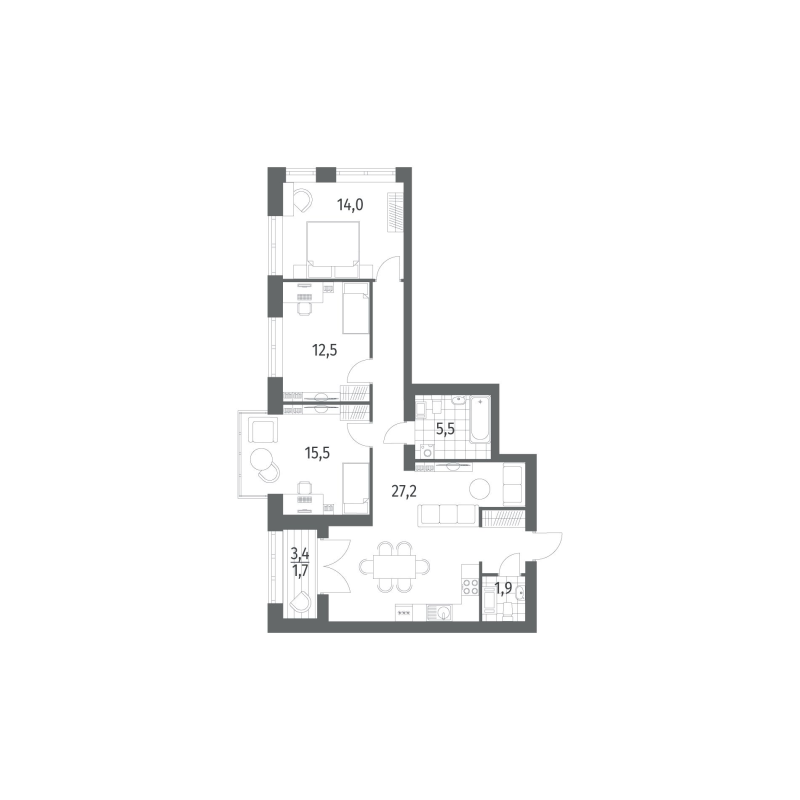 3-комнатная квартира, 89.01 м² - планировка, фото №1