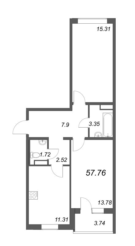 2-комнатная квартира, 55.89 м² - планировка, фото №1