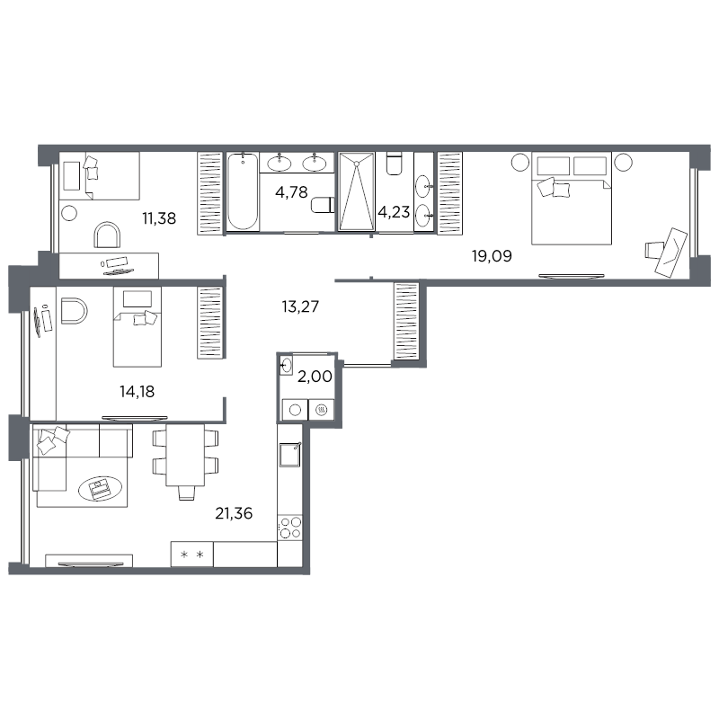 4-комнатная (Евро) квартира, 90.29 м² в ЖК "Акватория" - планировка, фото №1