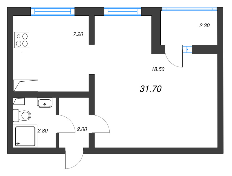 1-комнатная квартира, 31.7 м² в ЖК "Цветной город" - планировка, фото №1