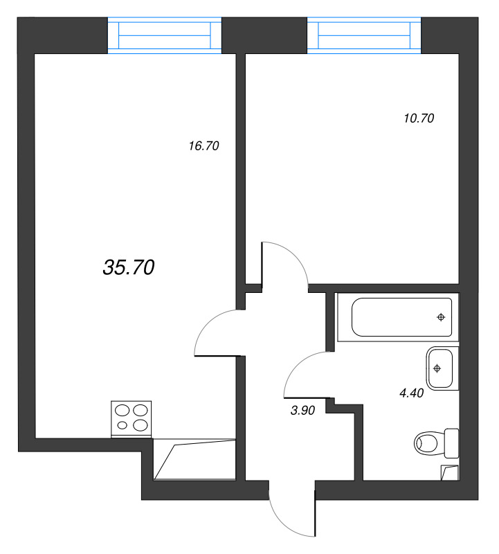 2-комнатная (Евро) квартира, 35.7 м² в ЖК "Большая Охта" - планировка, фото №1