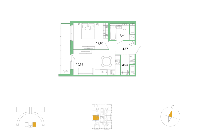 2-комнатная (Евро) квартира, 44.32 м² в ЖК "Окла Вижн" - планировка, фото №1