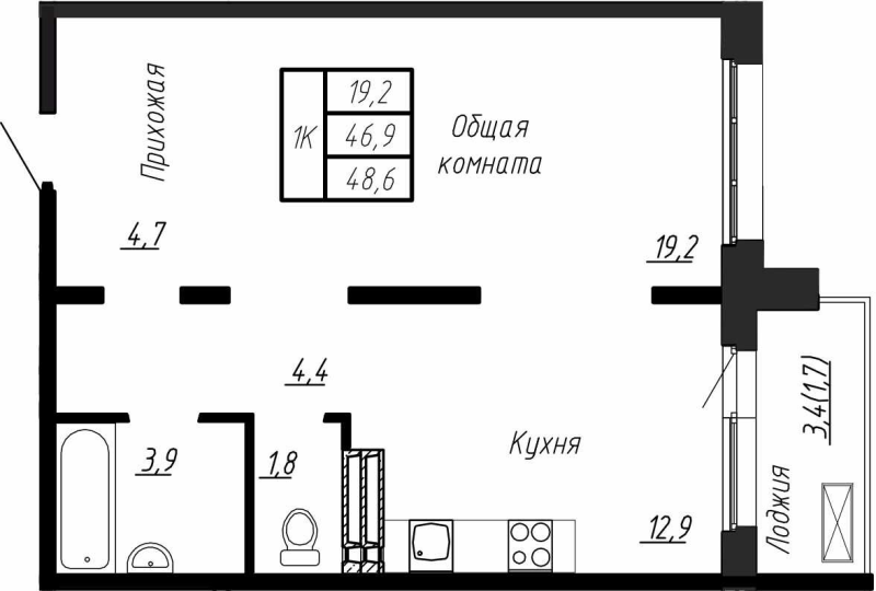 1-комнатная квартира, 48.8 м² в ЖК "Сибирь" - планировка, фото №1