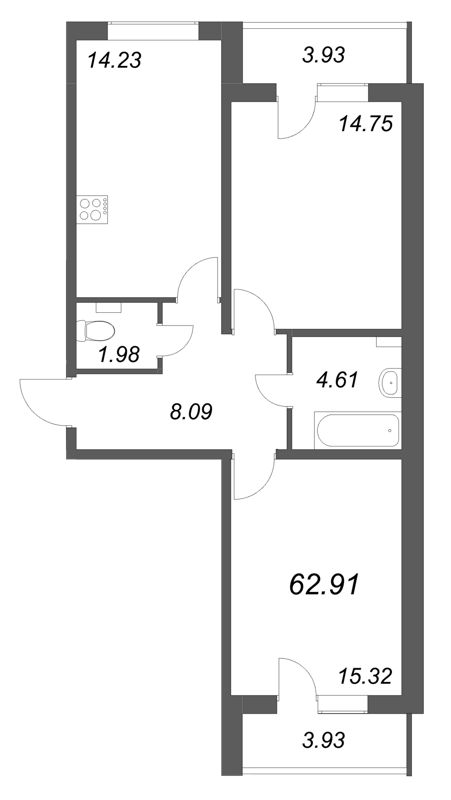 2-комнатная квартира, 62.91 м² в ЖК "АРО" - планировка, фото №1