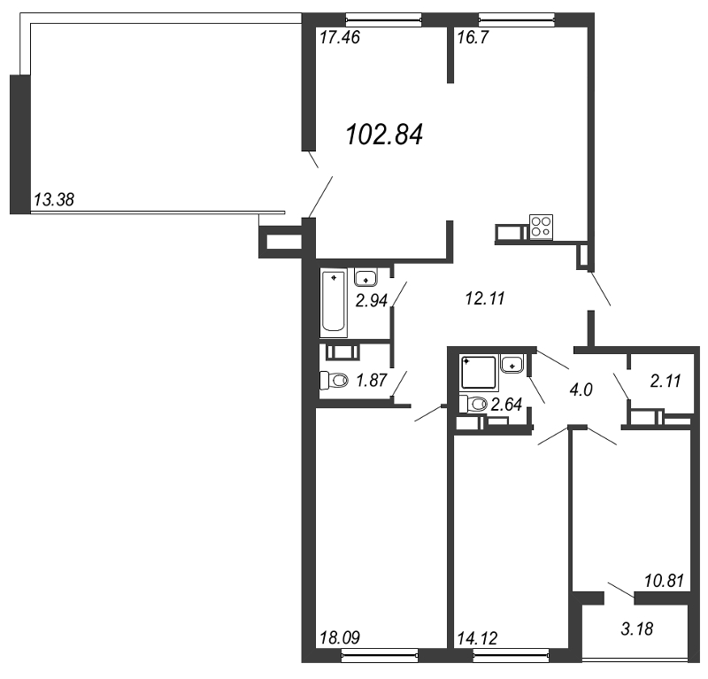 4-комнатная (Евро) квартира, 102.84 м² - планировка, фото №1