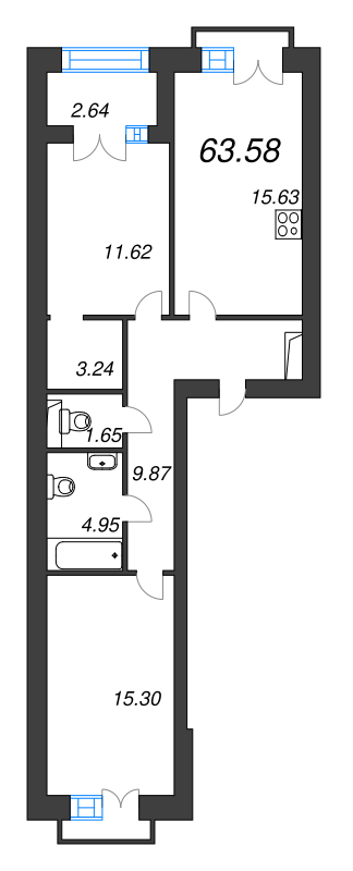 3-комнатная (Евро) квартира, 68.4 м² в ЖК "Наука" - планировка, фото №1