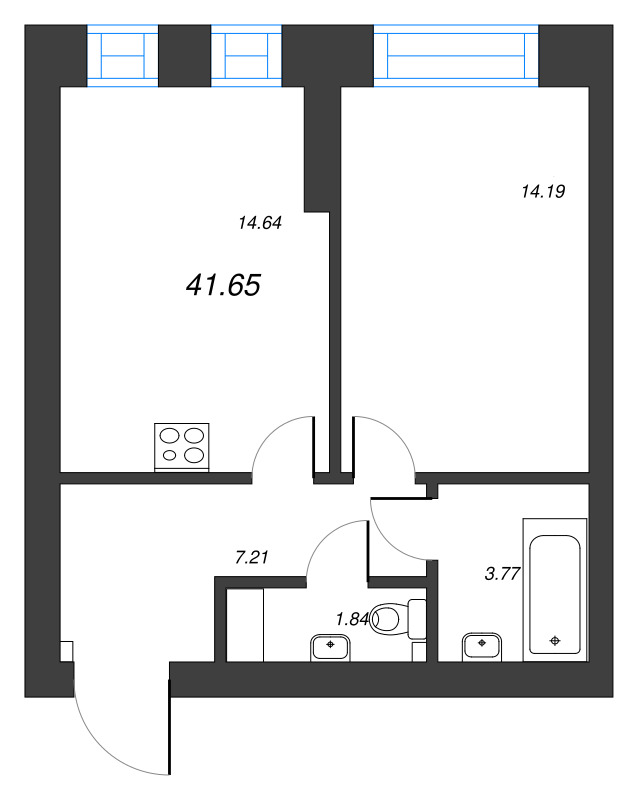 1-комнатная квартира, 41.65 м² в ЖК "Наука" - планировка, фото №1