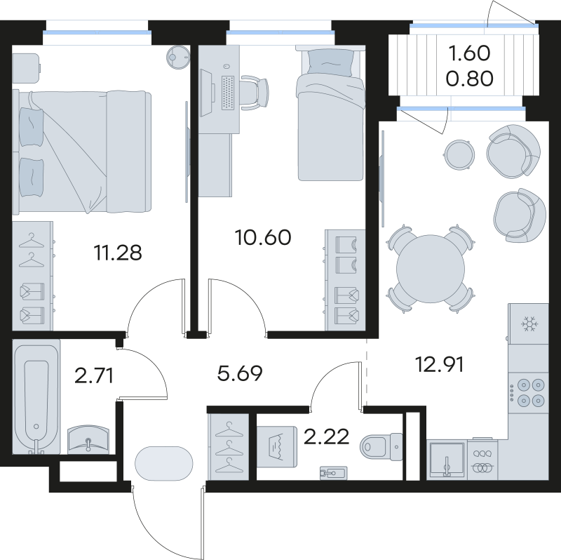 2-комнатная квартира, 46.21 м² в ЖК "GloraX Новоселье" - планировка, фото №1