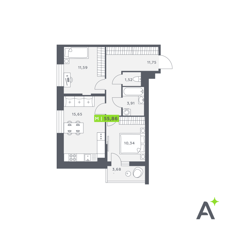 3-комнатная (Евро) квартира, 56.11 м² в ЖК "Аквилон Verba" - планировка, фото №1