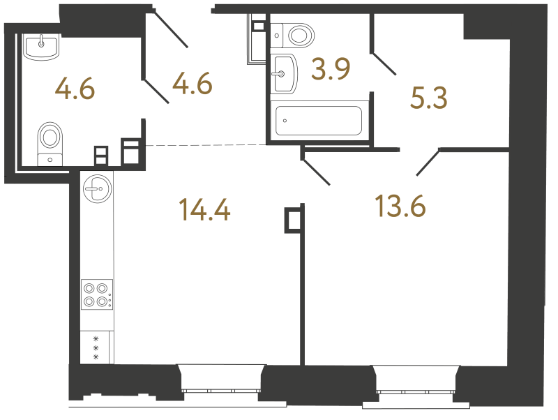 1-комнатная квартира, 46.4 м² в ЖК "Светоч" - планировка, фото №1