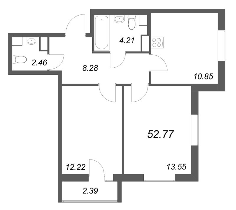 2-комнатная квартира, 52.77 м² в ЖК "Кинопарк" - планировка, фото №1