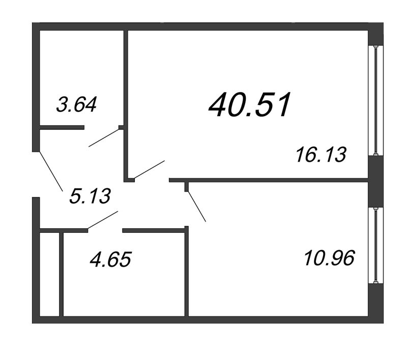 1-комнатная квартира, 40.51 м² - планировка, фото №1