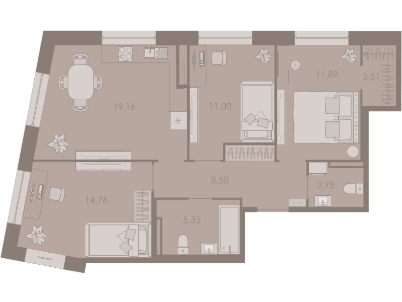 4-комнатная (Евро) квартира, 76.1 м² - планировка, фото №1