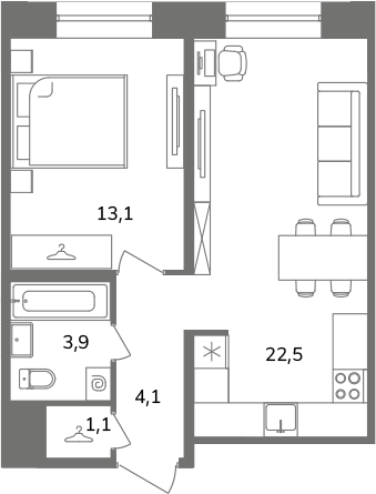 2-комнатная (Евро) квартира, 44.7 м² в ЖК "Антверпен" - планировка, фото №1