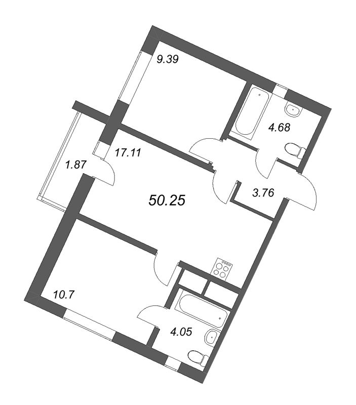 3-комнатная (Евро) квартира, 50.25 м² - планировка, фото №1