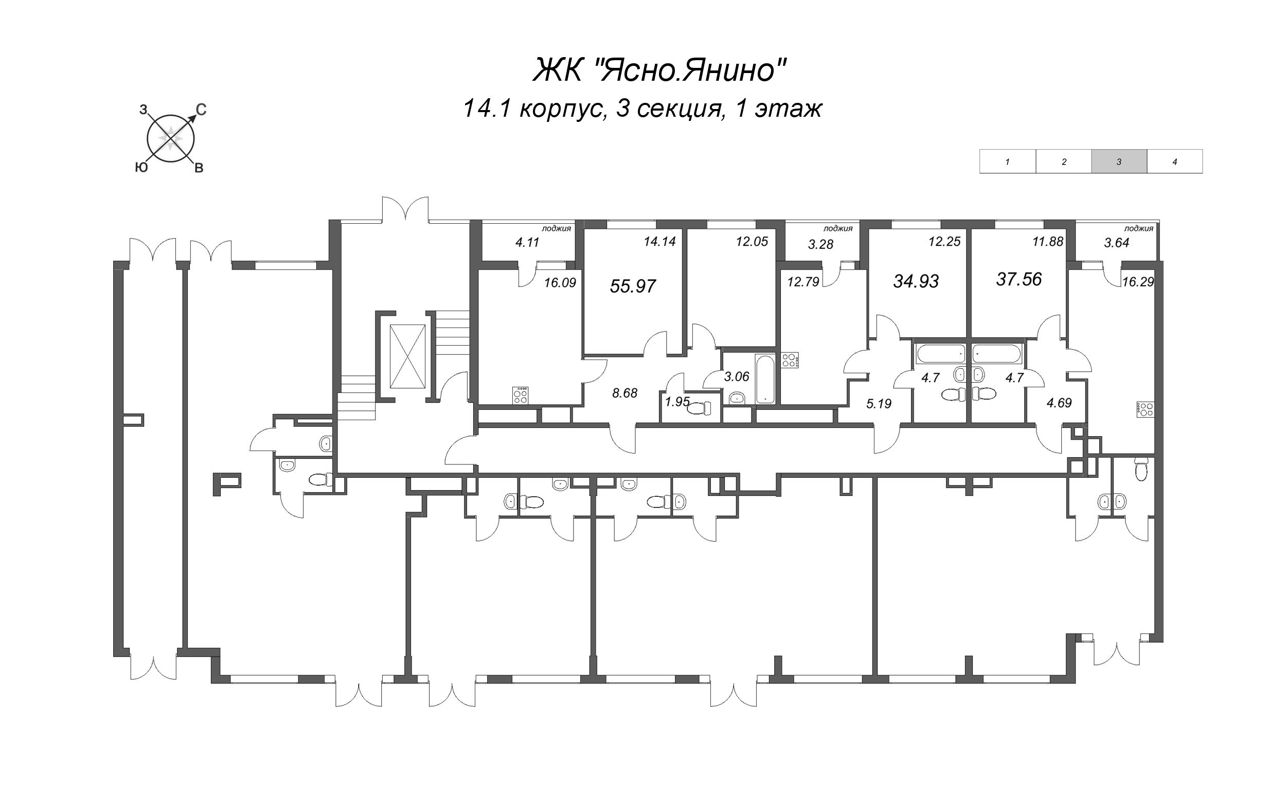 1-комнатная квартира, 37.56 м² - планировка этажа