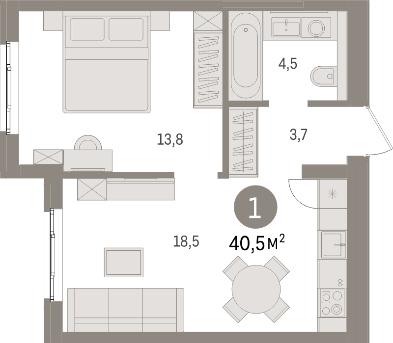 2-комнатная (Евро) квартира, 40.5 м² в ЖК "Брусника в Новоселье" - планировка, фото №1
