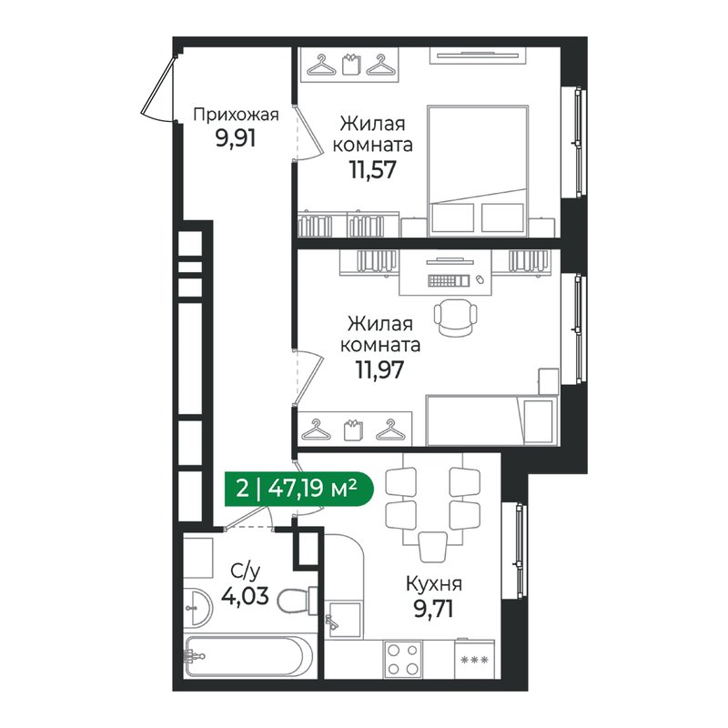2-комнатная квартира, 47.19 м² в ЖК "Сертолово Парк" - планировка, фото №1