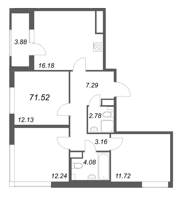 4-комнатная (Евро) квартира, 71.52 м² в ЖК "Гранат" - планировка, фото №1
