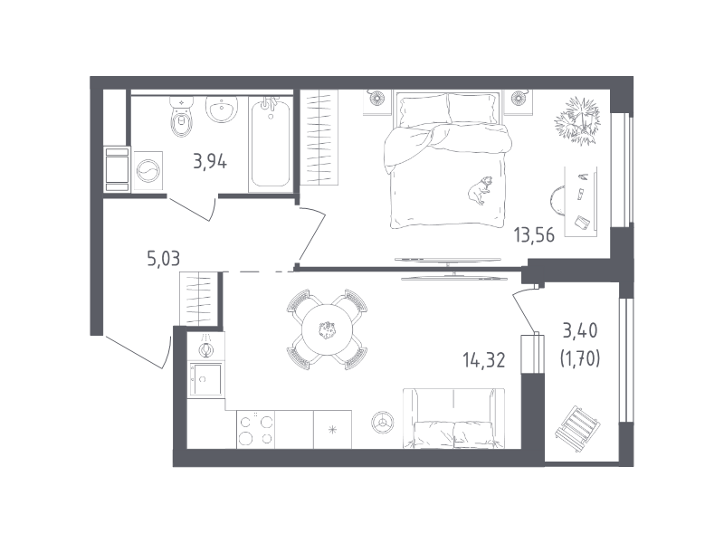 1-комнатная квартира, 38.55 м² в ЖК "Южная Нева" - планировка, фото №1