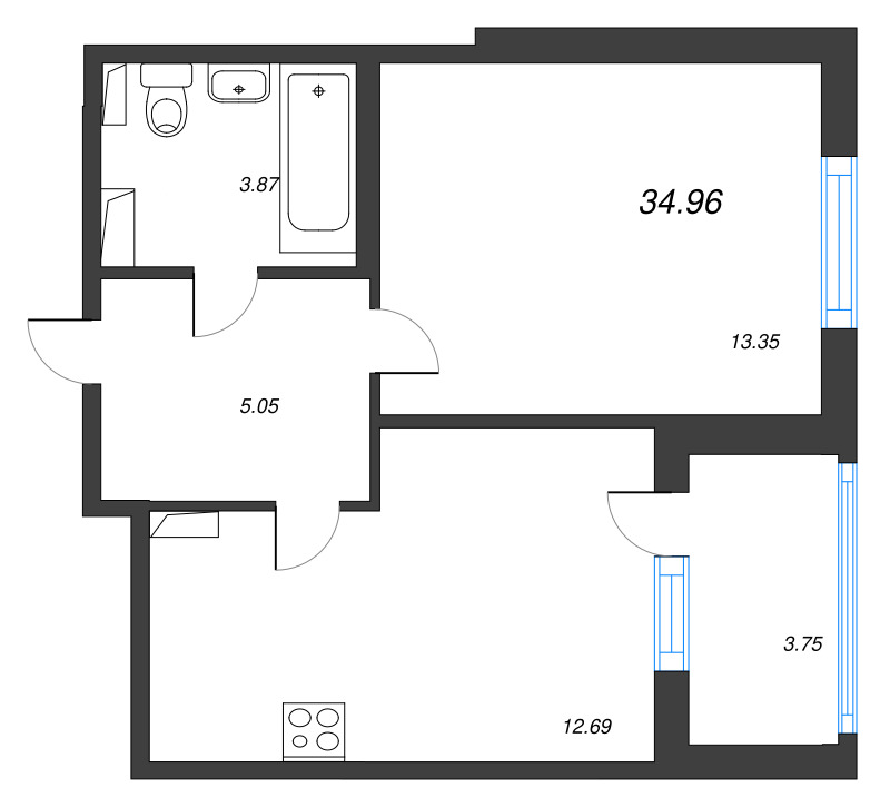 1-комнатная квартира, 34.96 м² в ЖК "Любоград" - планировка, фото №1