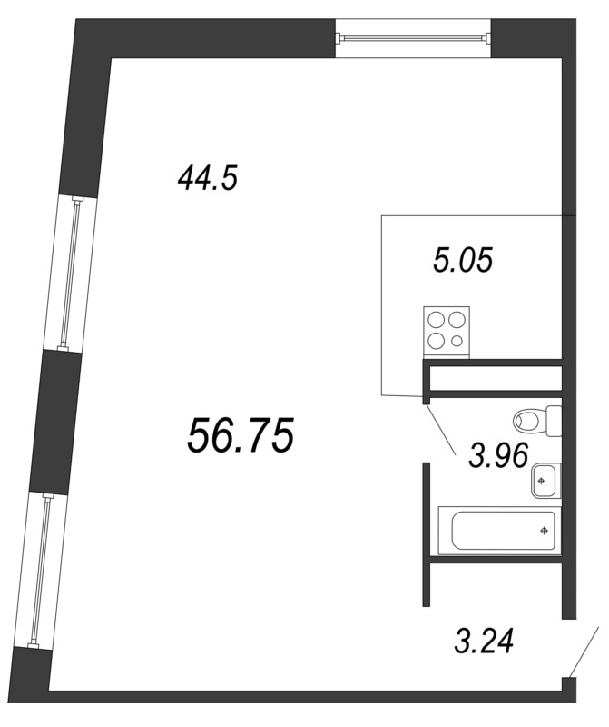 Квартира-студия, 57.8 м² - планировка, фото №1