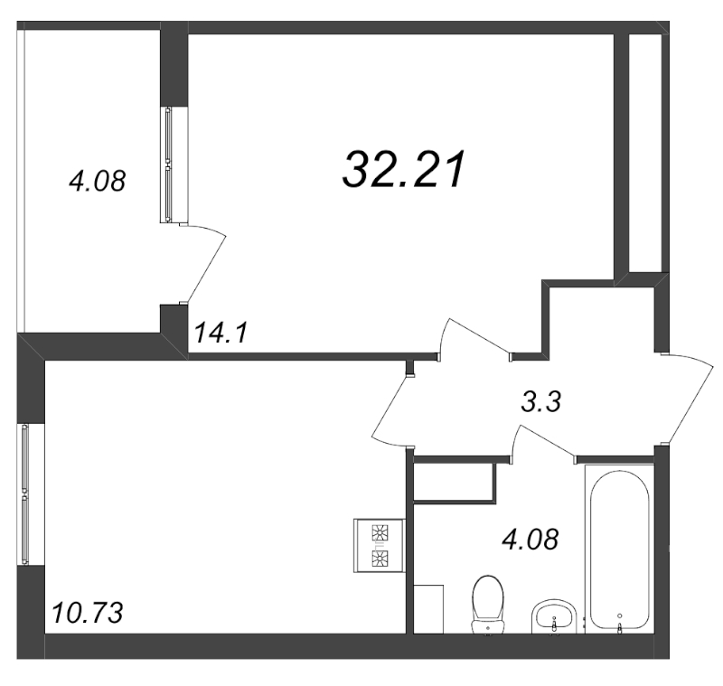 1-комнатная квартира, 32.21 м² - планировка, фото №1