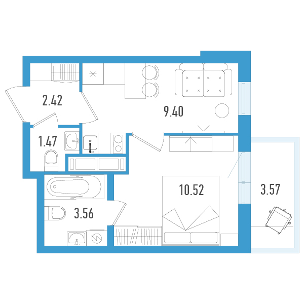 1-комнатная квартира, 28.44 м² - планировка, фото №1