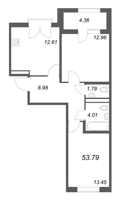 2-комнатная квартира, 53.79 м² в ЖК "Дубровский" - планировка, фото №1