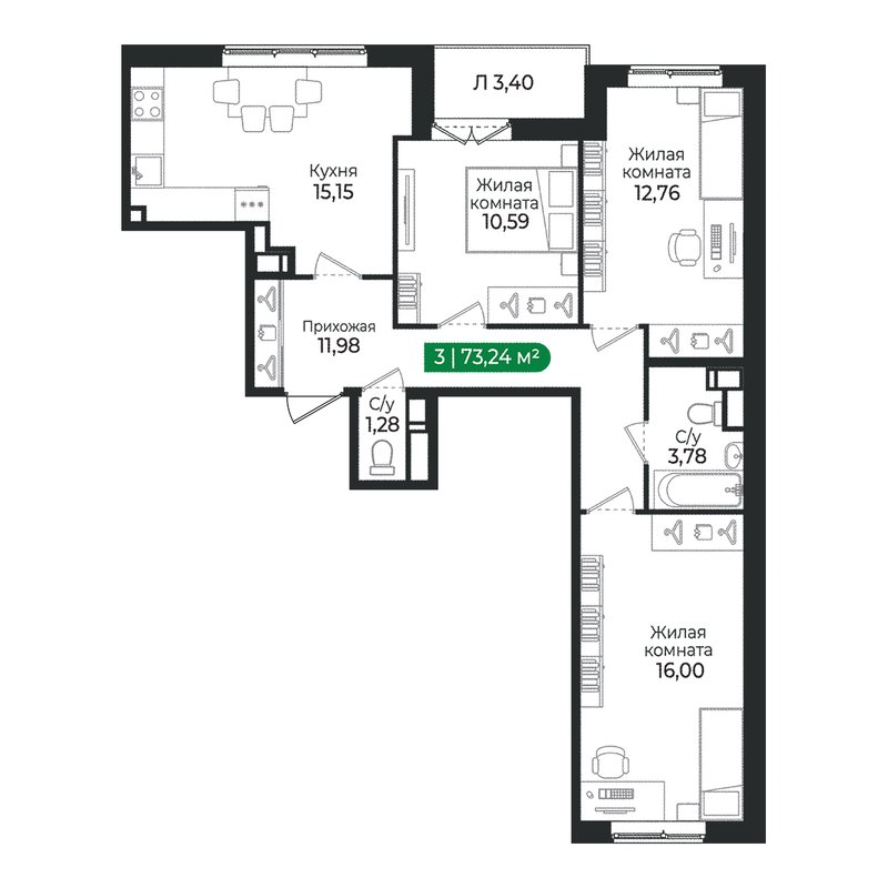 4-комнатная (Евро) квартира, 73.24 м² в ЖК "Сертолово Парк" - планировка, фото №1