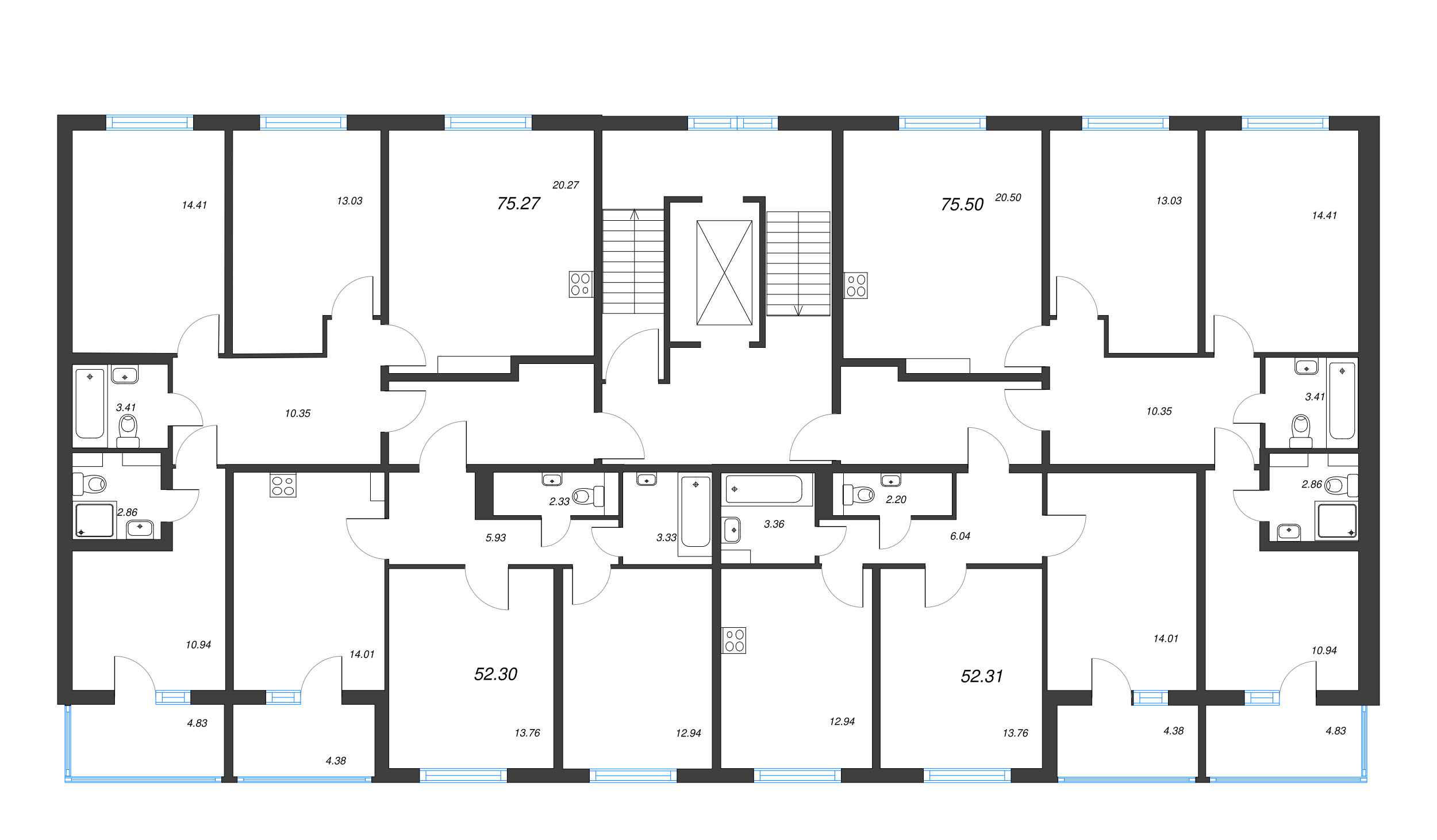 4-комнатная (Евро) квартира, 75.5 м² - планировка этажа