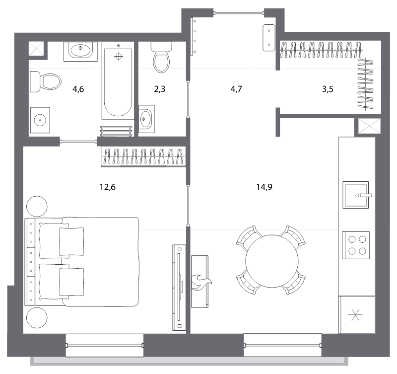 2-комнатная (Евро) квартира, 43 м² - планировка, фото №1