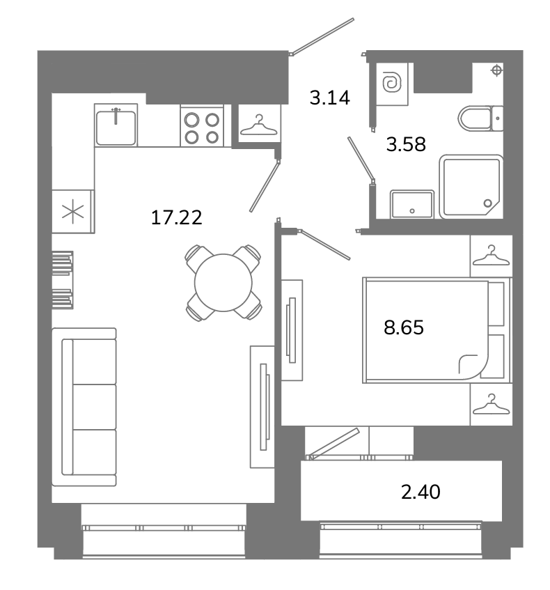 2-комнатная (Евро) квартира, 33.79 м² в ЖК "Твой космос" - планировка, фото №1