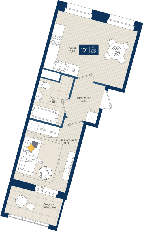 2-комнатная (Евро) квартира, 37.37 м² - планировка, фото №1