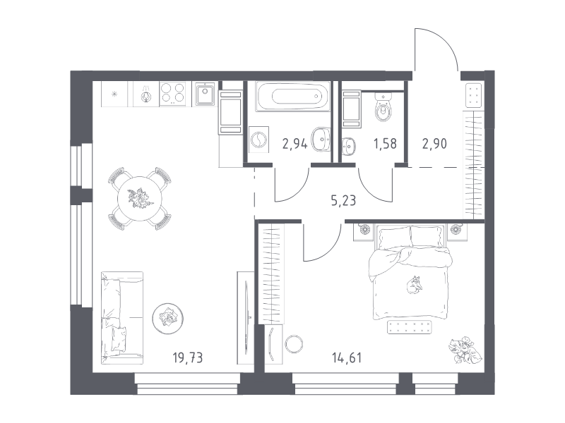 2-комнатная (Евро) квартира, 46.99 м² - планировка, фото №1