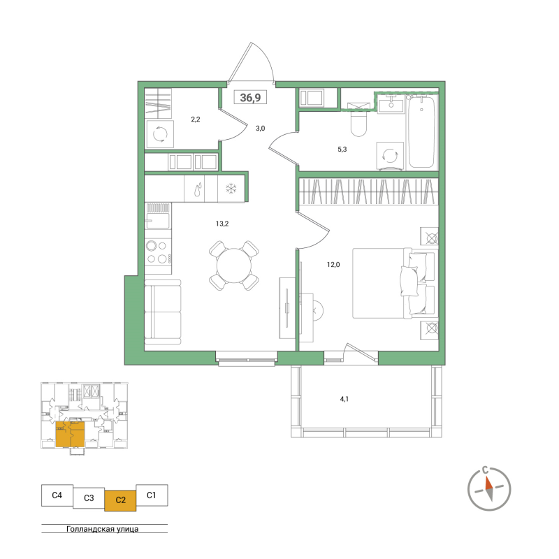 1-комнатная квартира, 36.9 м² в ЖК "Янила Форест" - планировка, фото №1