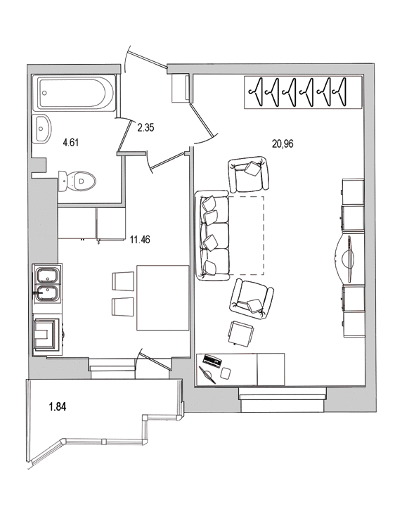 1-комнатная квартира, 43.1 м² в ЖК "Шекспир" - планировка, фото №1